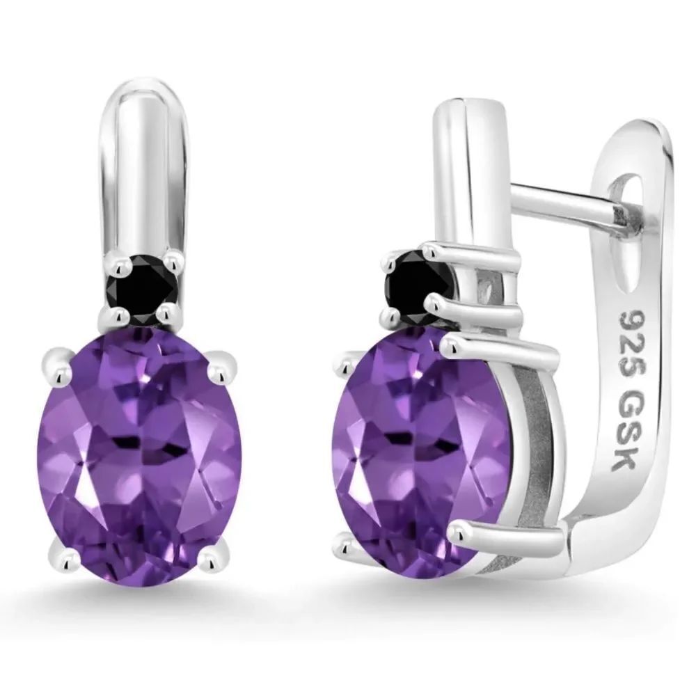 925 Sterling Silver with 3.45 Cttw Amethyst and Black Diamond Oval Drop Earrings